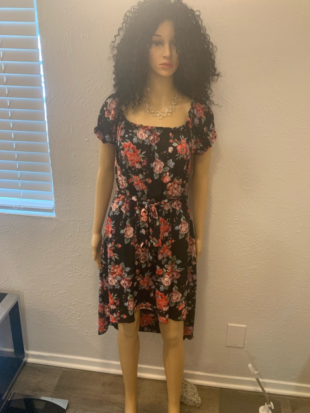 Floral Hot Kiss Tie-Waist Short Sleeve Dress - Black with Red & Pink Flowers